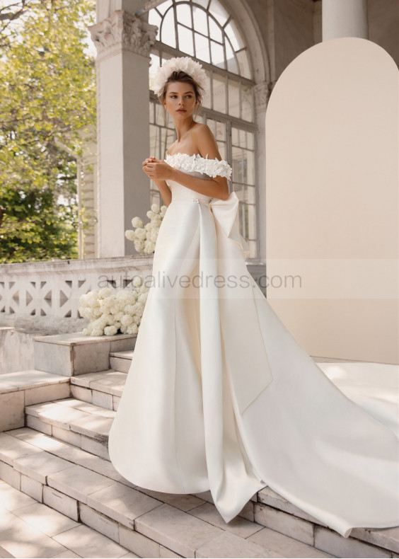 Off Shoulder Pearl Beaded Ivory Mikado Wedding Dress